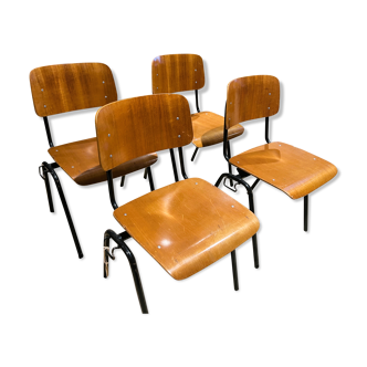 Lot de 4 chaises d'école marko acierr noir bois miel années 70