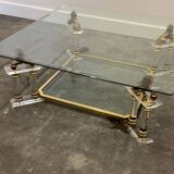 Table basse vintage française en lucite et verre avec lions en laiton, années 1980