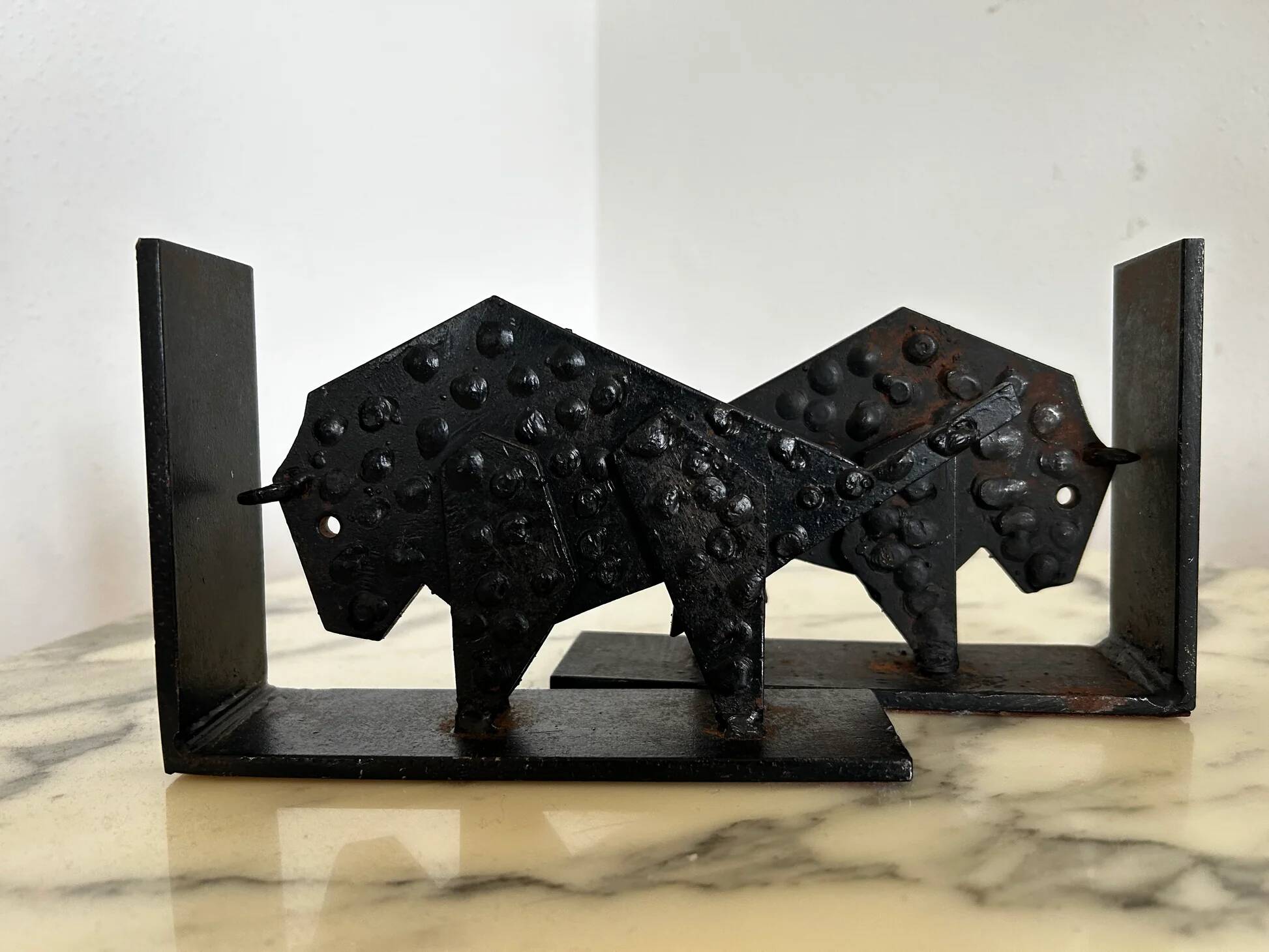 Pair of brutalist buffalo / bison bookends, black metal, mid-century