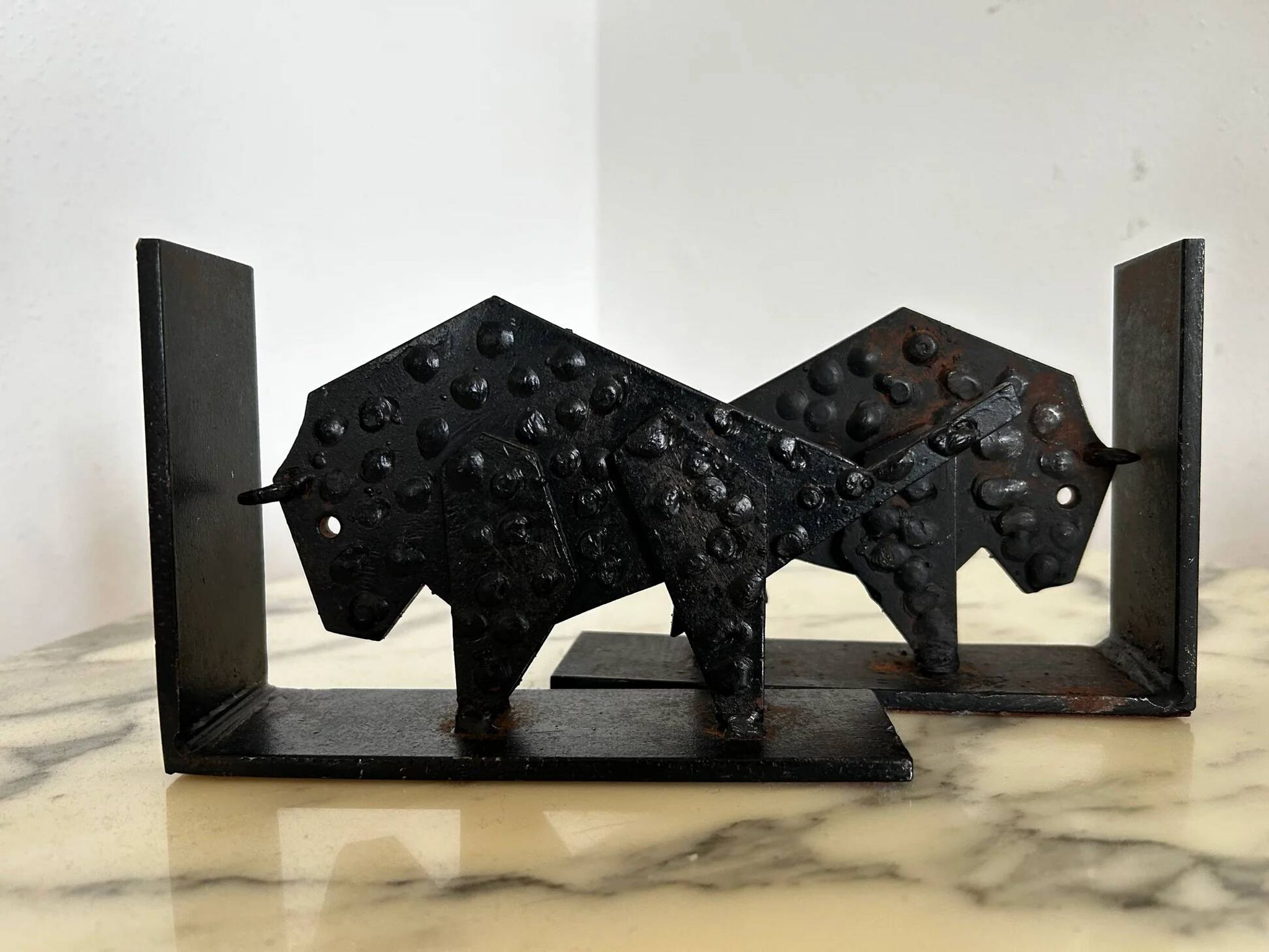 Pair of brutalist buffalo / bison bookends, black metal, mid-century