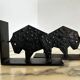 Pair of brutalist buffalo / bison bookends, black metal, mid-century