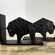 Pair of brutalist buffalo / bison bookends, black metal, mid-century