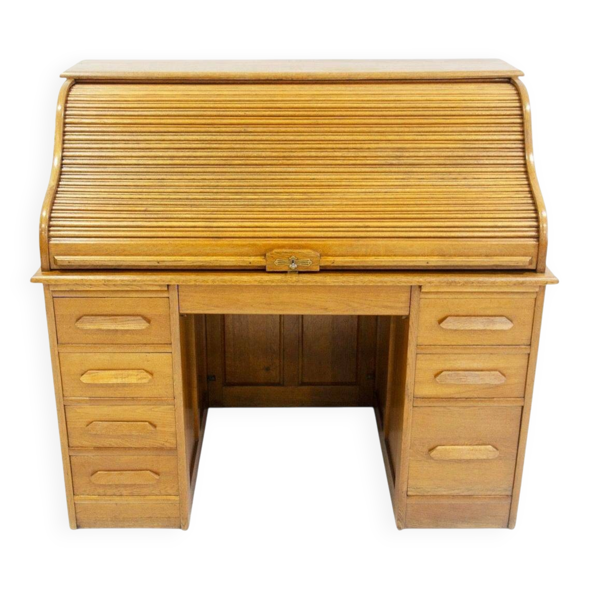 Oak roll-top desk with drawers