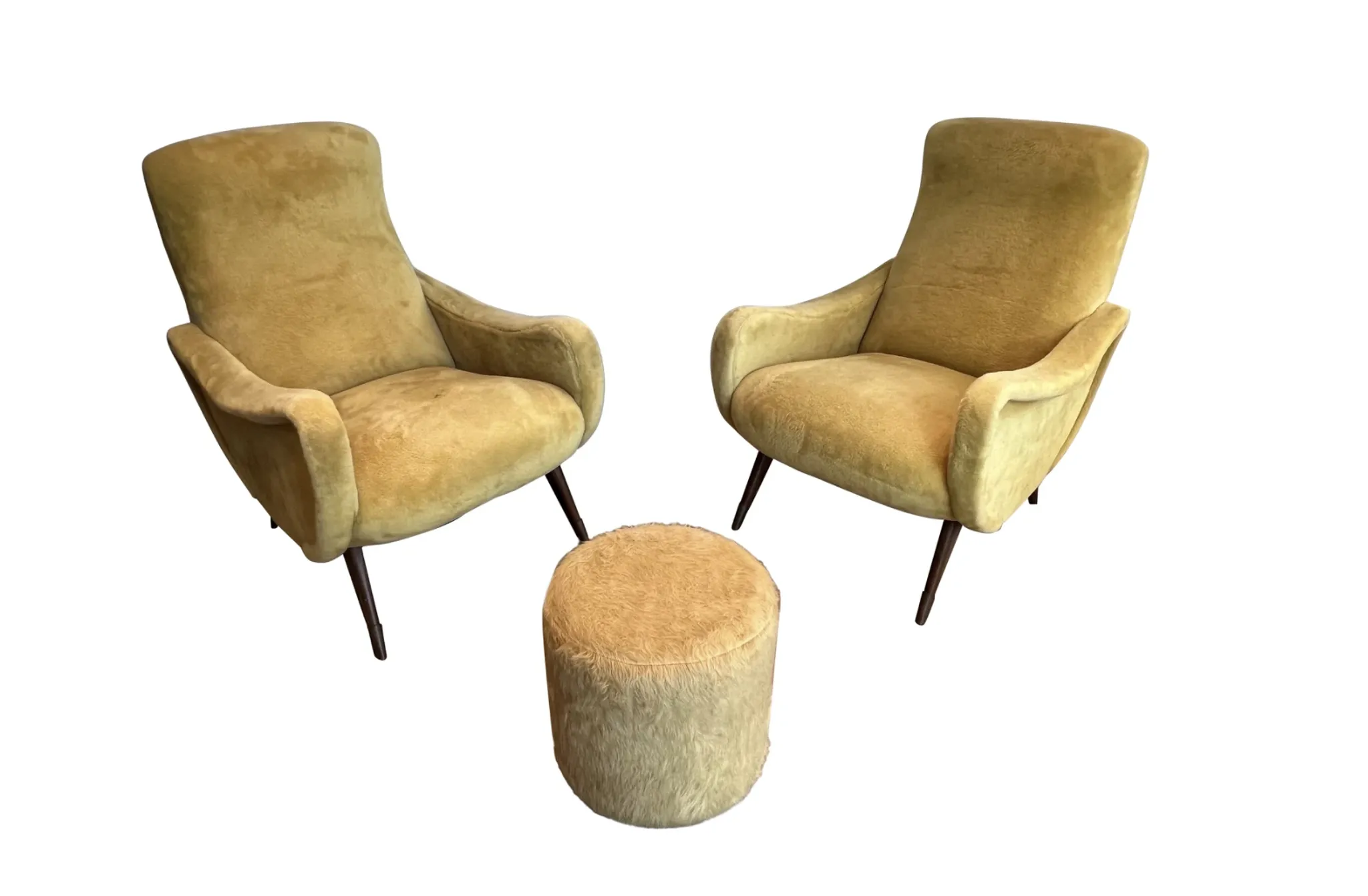 Two designer velvet armchairs from the 1960s in yellow.