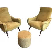 Two designer velvet armchairs from the 1960s in yellow.
