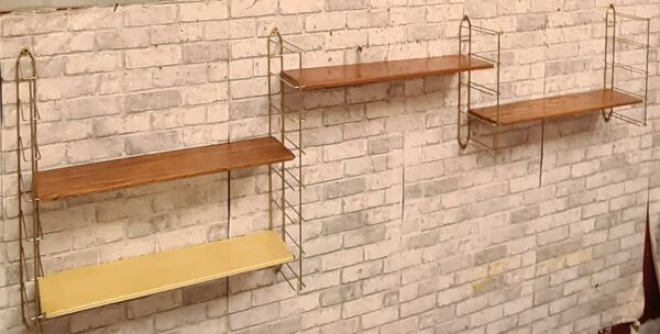 etagere 1960 acier faux bois et chrome or 4 montants  184 cmx66x59x16 trace