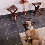 Set of teak and leather tripod stools
