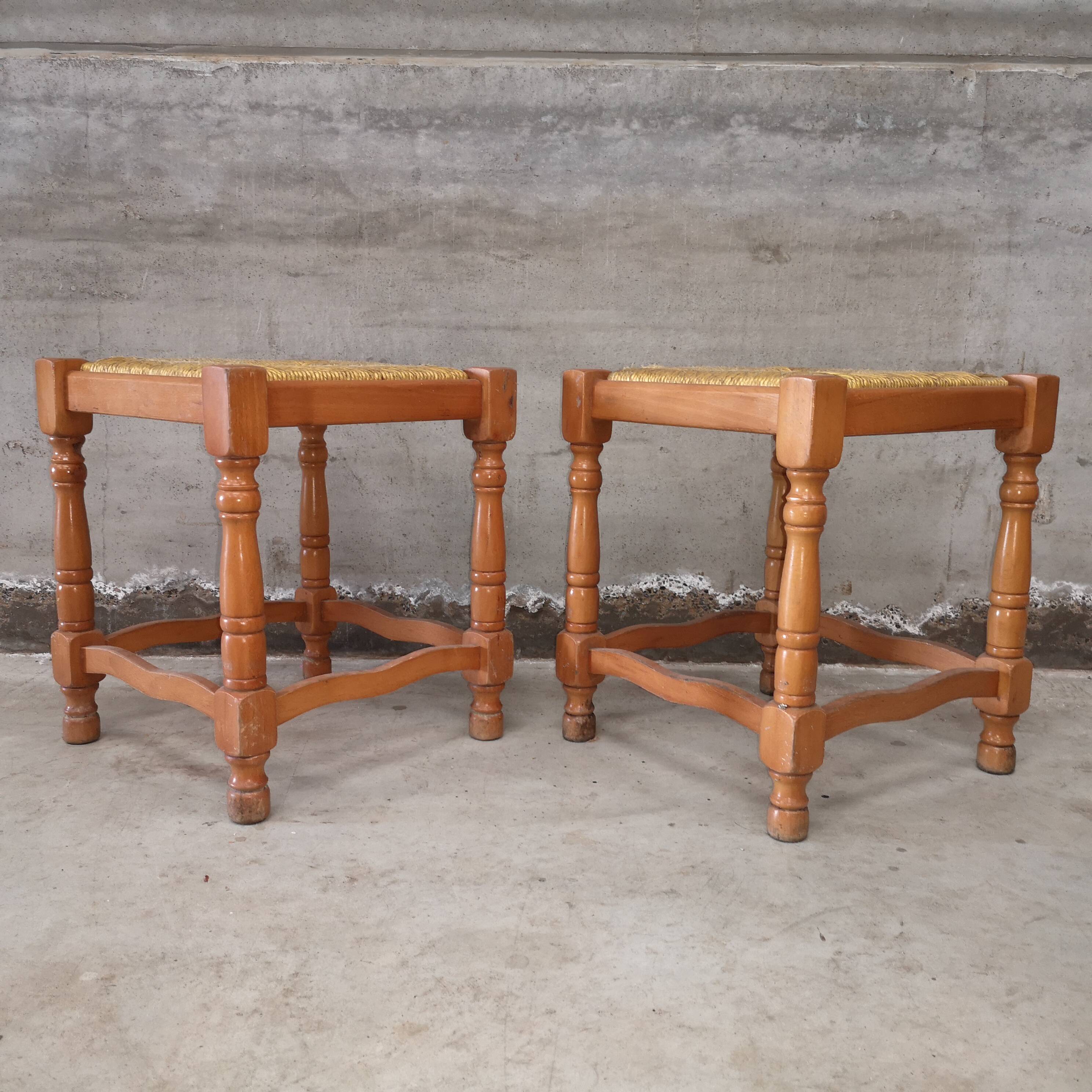 Paire de Tabourets Vintage Rustiques  Hêtre et Paille 1970 1980