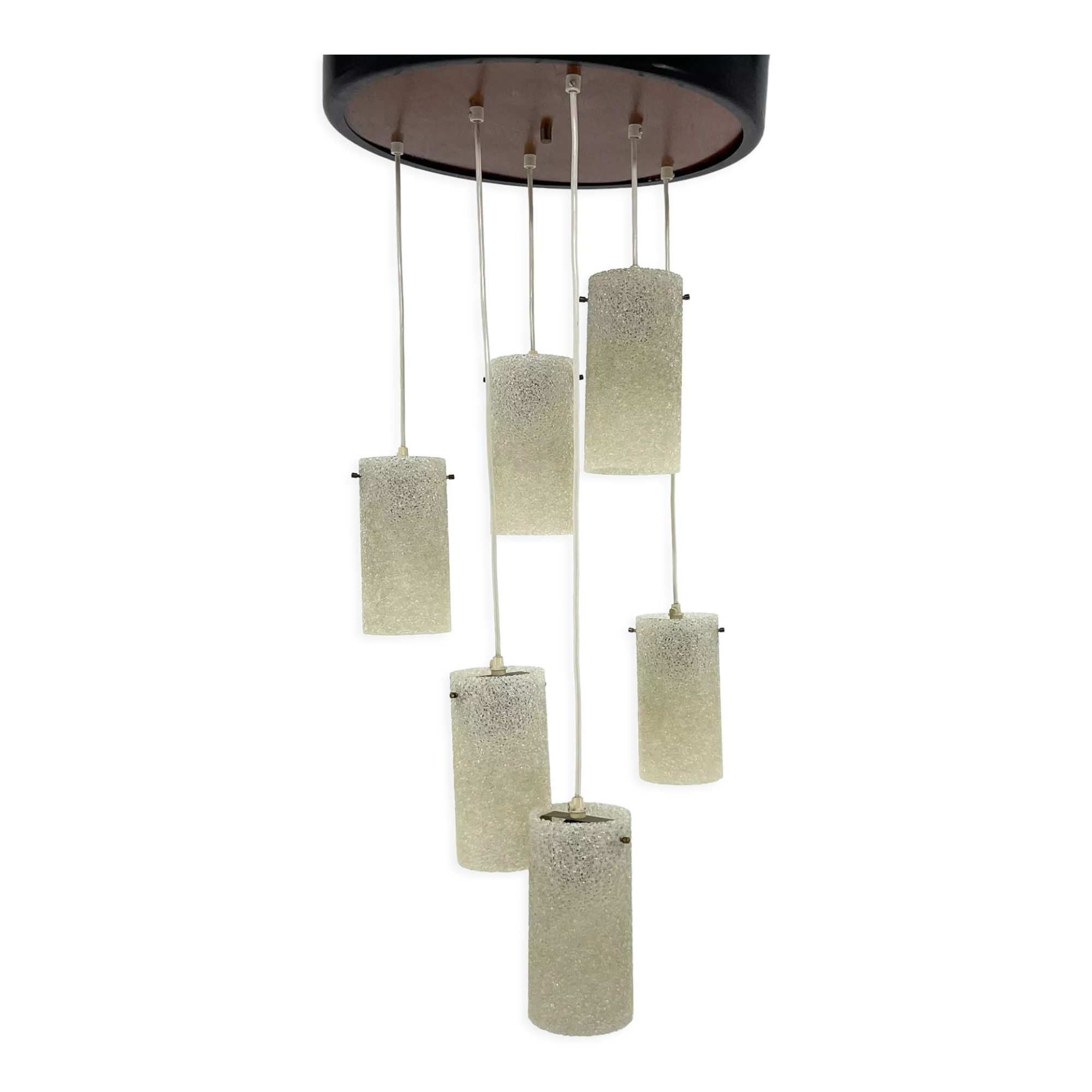 Mid-century cascade wood & crushed plastic pendant light, 1970's