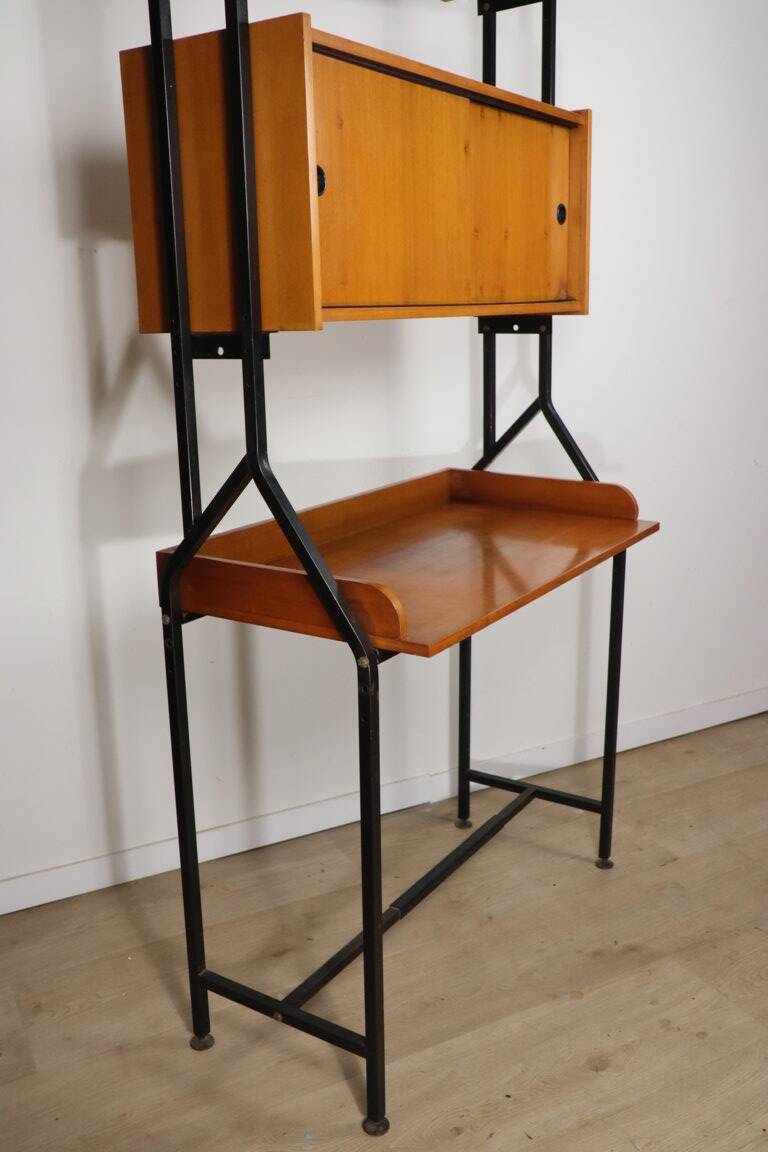 Vintage desk with modular bookcase in wood and metal, 1960