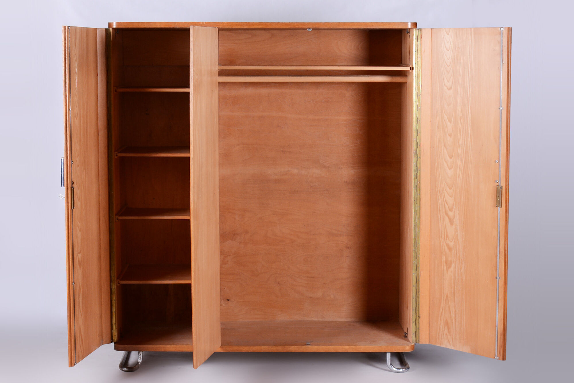 Restored oak bauhaus wardrobe, chrome-plated steel, czechia, 1930s
