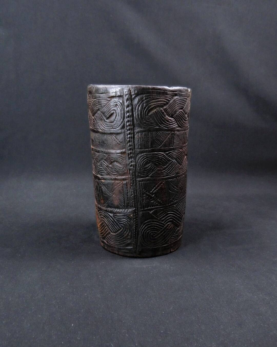 Nepalese milk jug in brown patina wood, Sherpa folk craft, 20th century