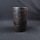 Nepalese milk jug in brown patina wood, Sherpa folk craft, 20th century