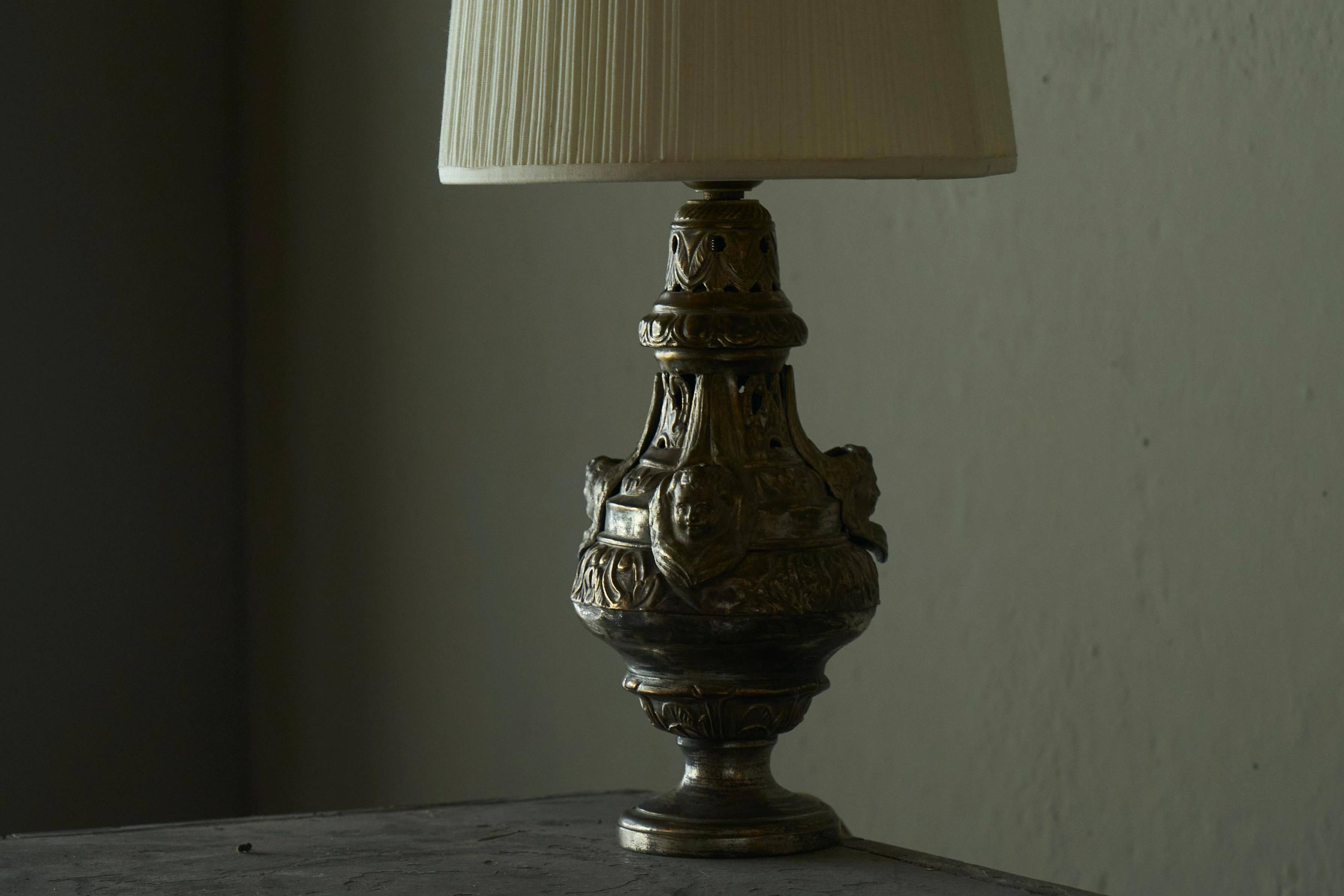 Antique Table Lamp in Patinated Brass and Silver, 19th Century