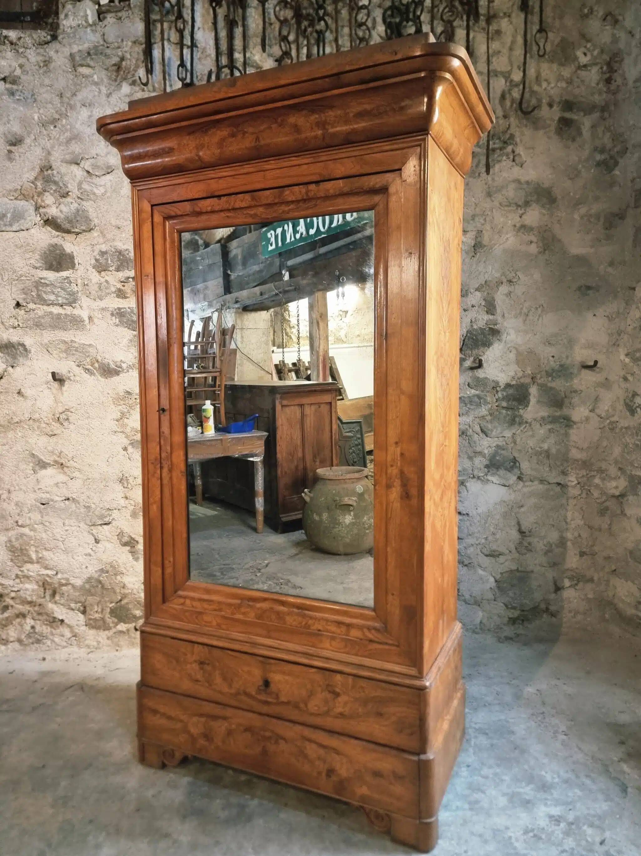 Antique French Louis Philippe wardrobe / wardrobe – elm and oak, mirrored door, 19th century