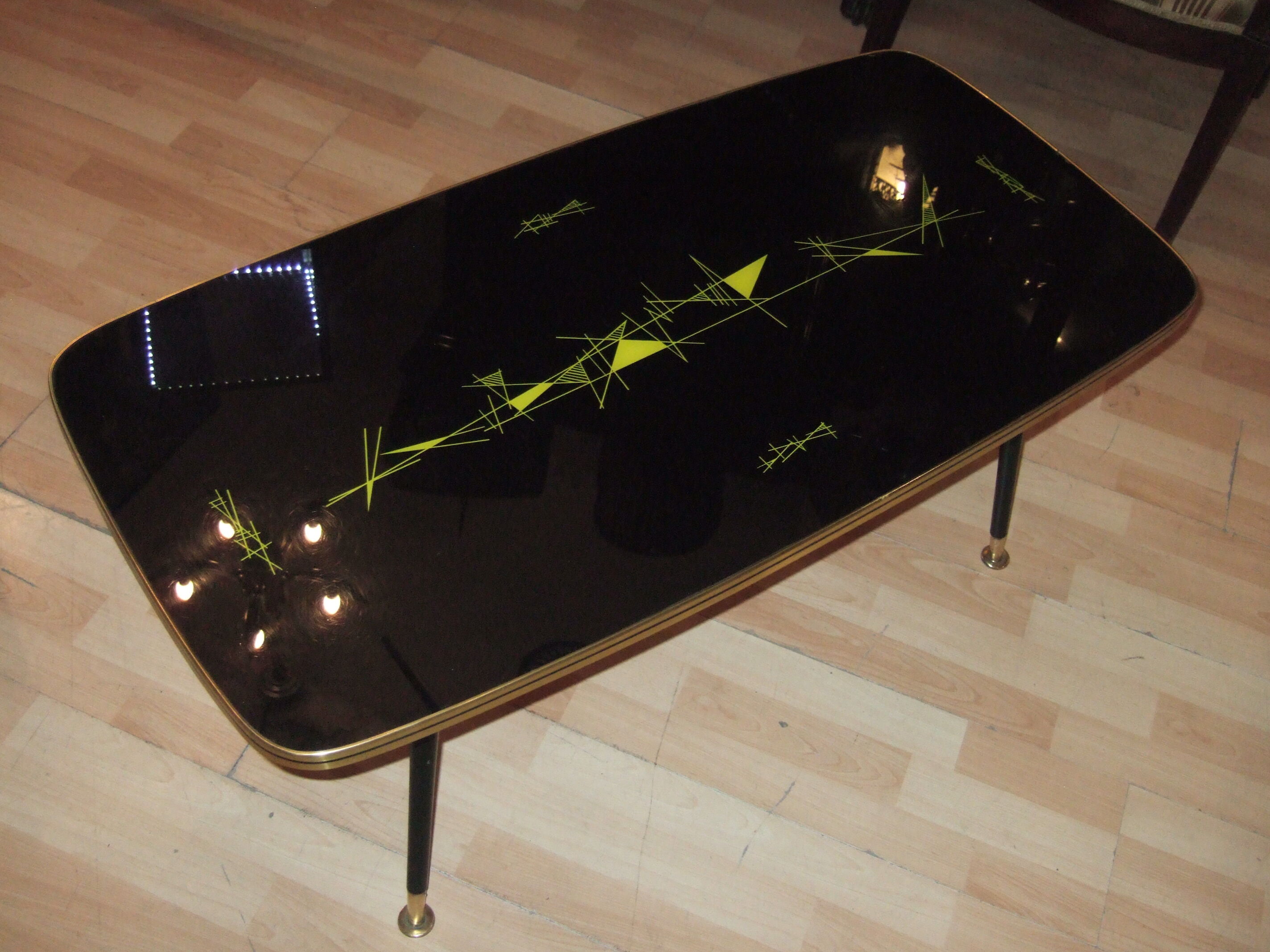1960 compass foot coffee table, abstract decoration tray under glass.
