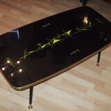 1960 compass foot coffee table, abstract decoration tray under glass.