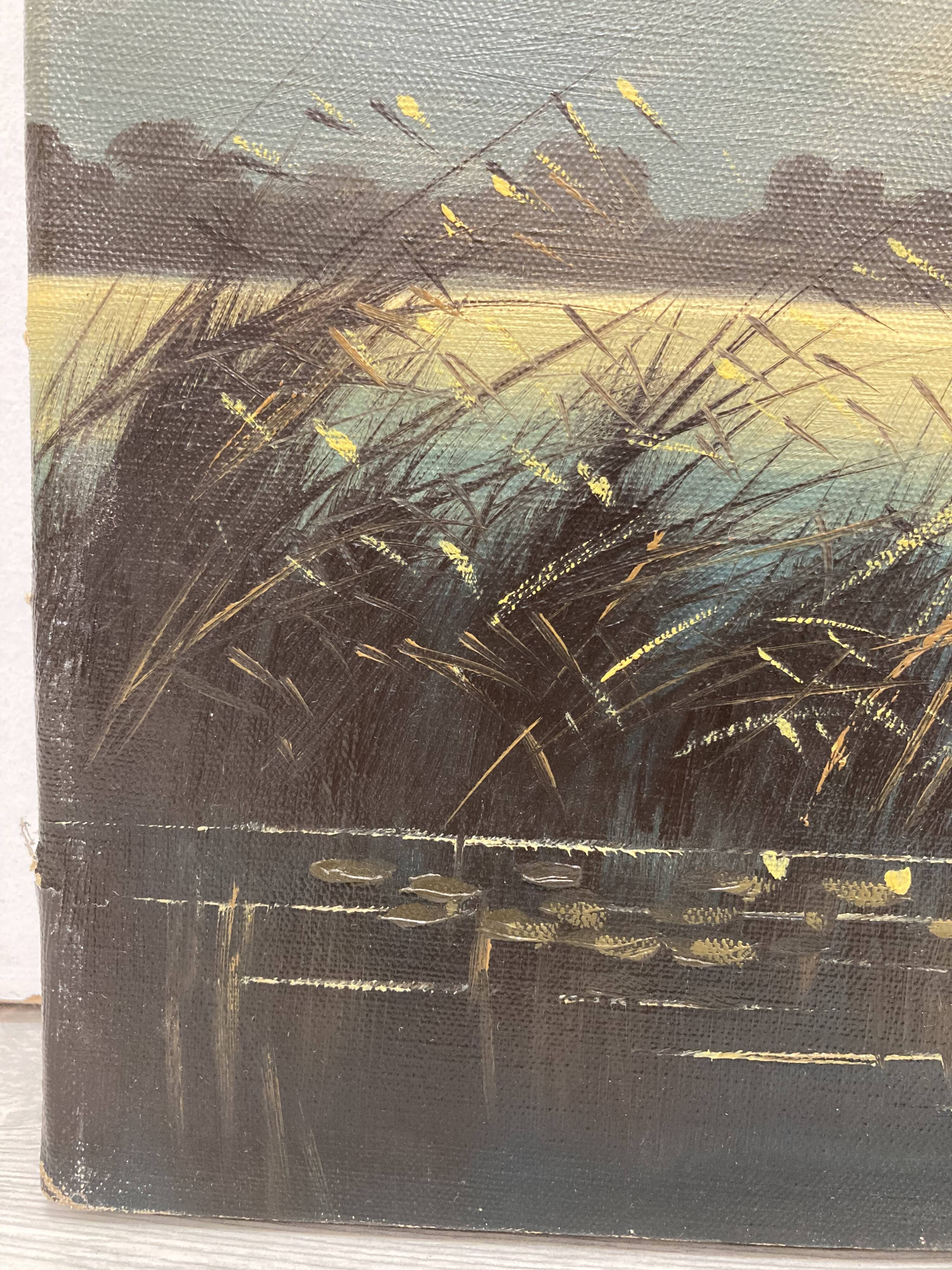 Oil on canvas sunset at the water's edge