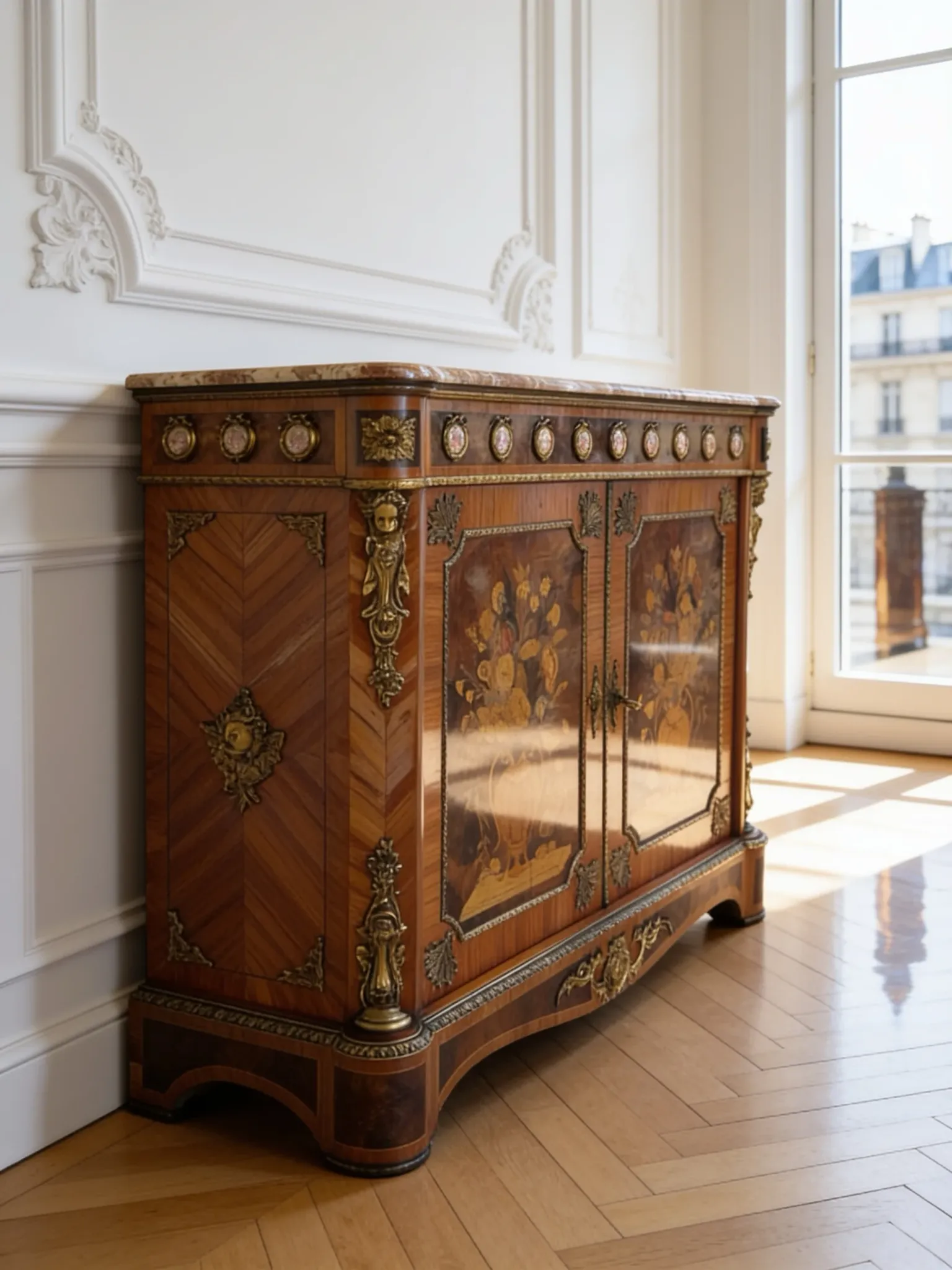 An antique French Louis XVI-style marble-top side cabinet