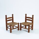 Low fireplace chairs, French, wood and straw set of 2