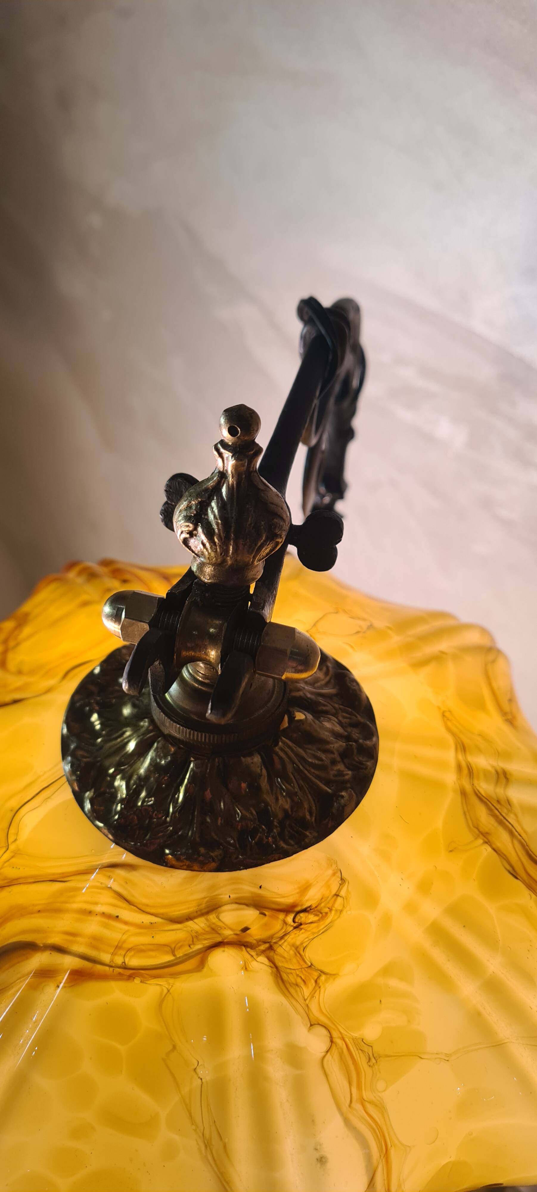 large wrought iron work lamp Andalusian style 1900 marbled opaline,,,, 49x25 magnificent and rare