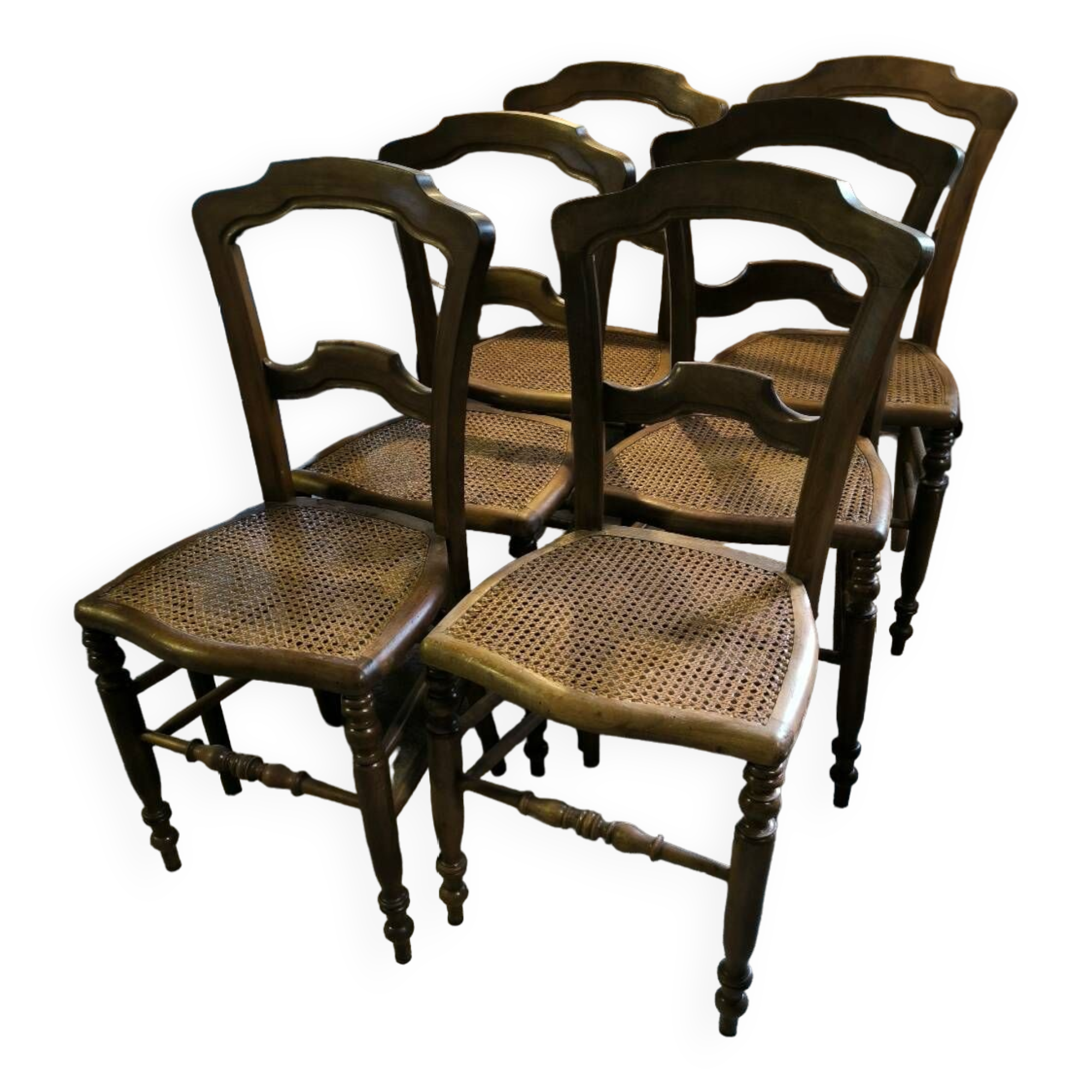 Set of 6 chairs in solid walnut and caning, circa 1870