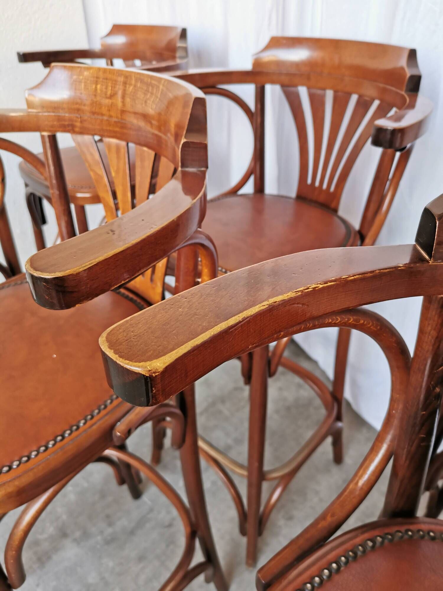 Set of 6 Vintage Bentwood Bar Stool Set: Brown Leather Seat, Nailhead Trim