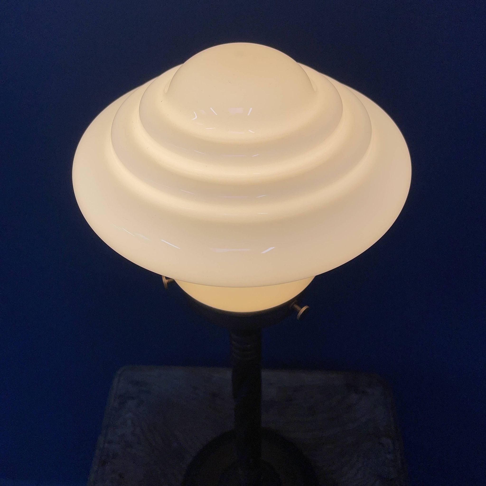 Standing copper table lamp with glass shade