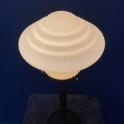 Standing copper table lamp with glass shade
