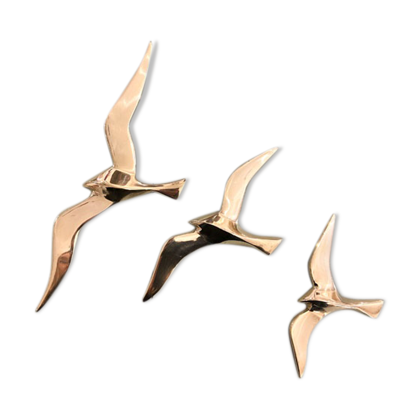 Series of 3 golden brass seagulls to hang