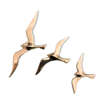Series of 3 golden brass seagulls to hang