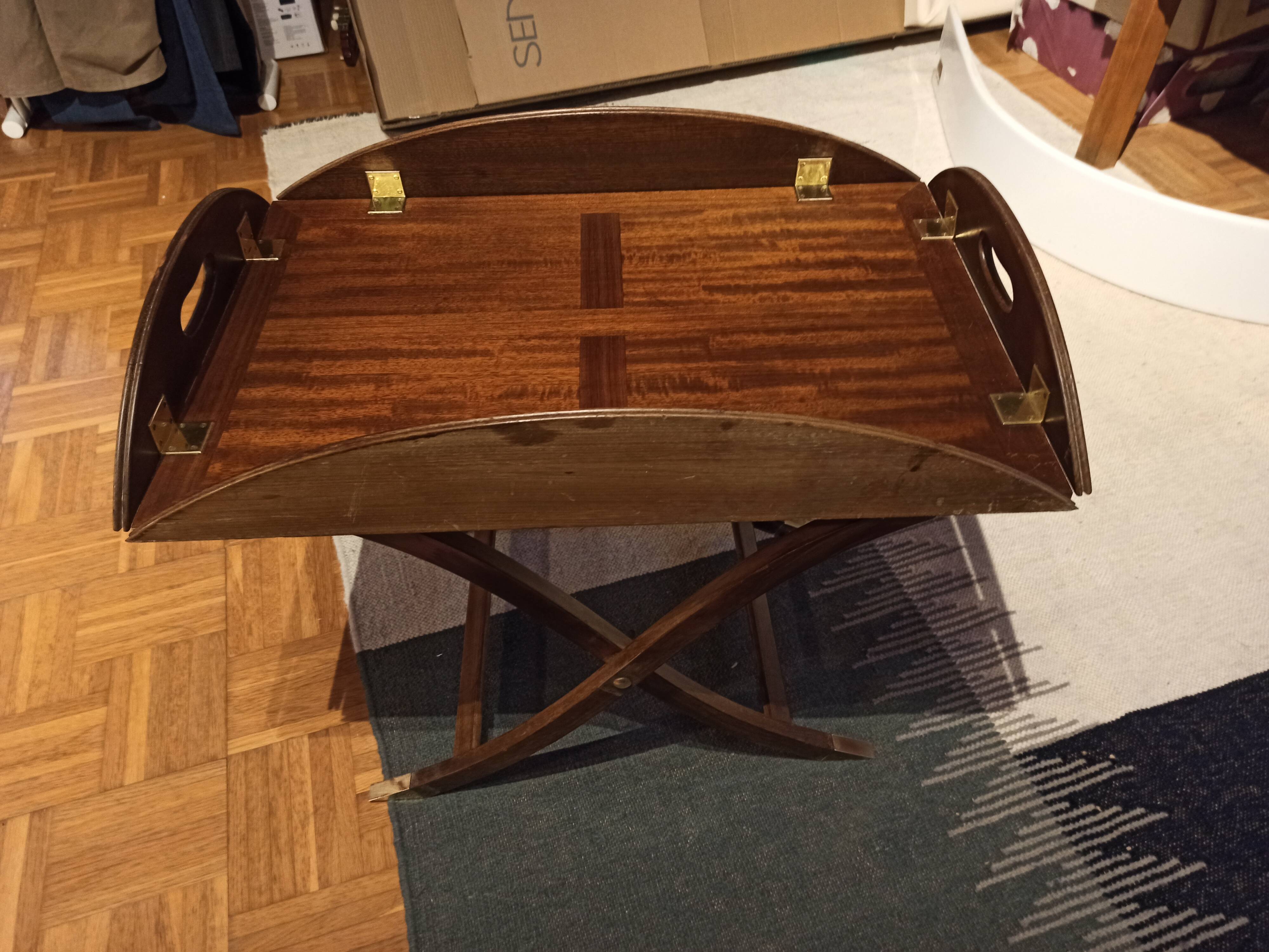 Folding coffee table type Butler marine boat wood and brass mahogany