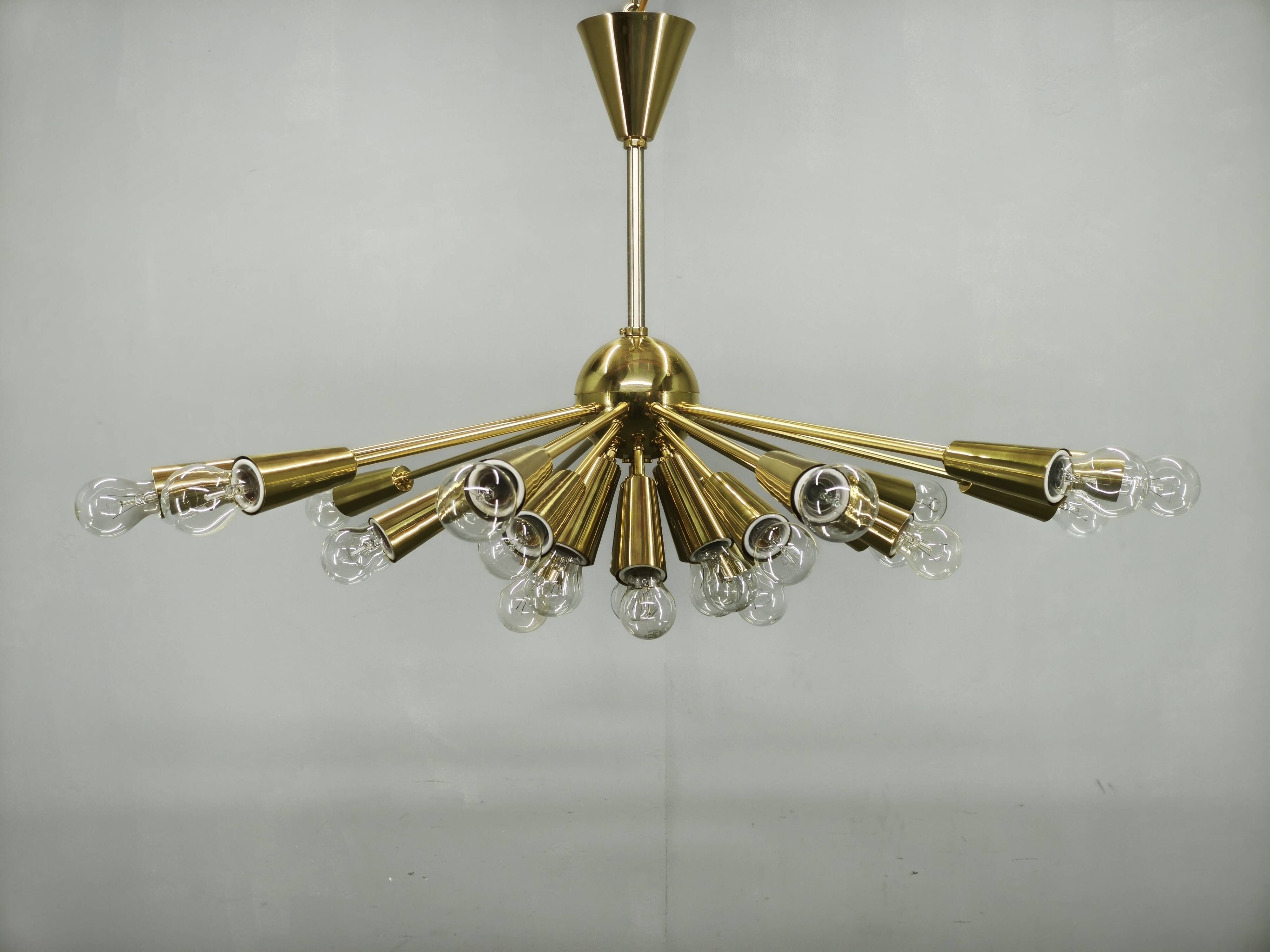 Kamenický Šenov 28-Light Brass Sputnik Chandelier, Czechoslovakia, 1970s
