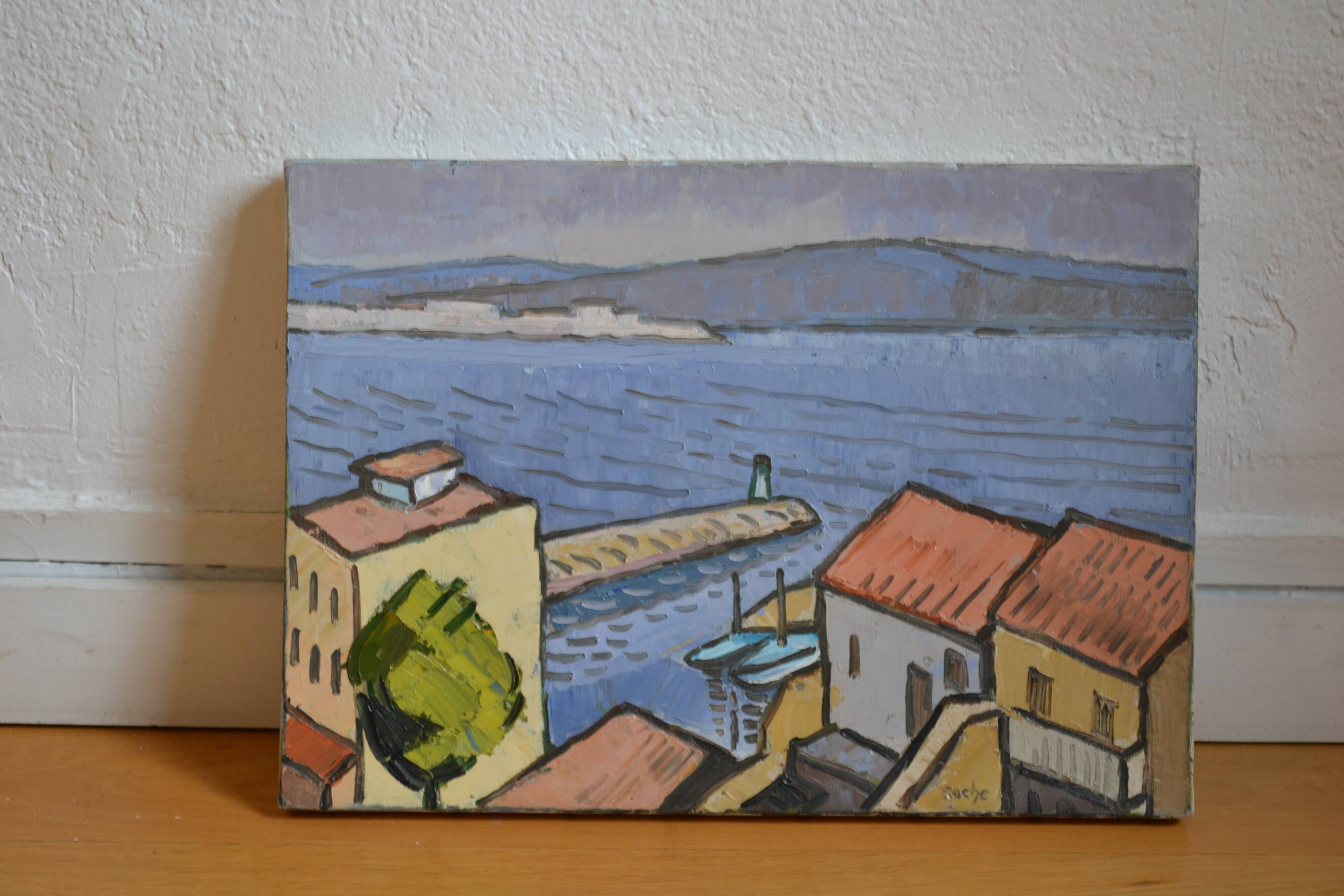 Marseille Corniche Valmer seaside landscape painting HST signed Roche