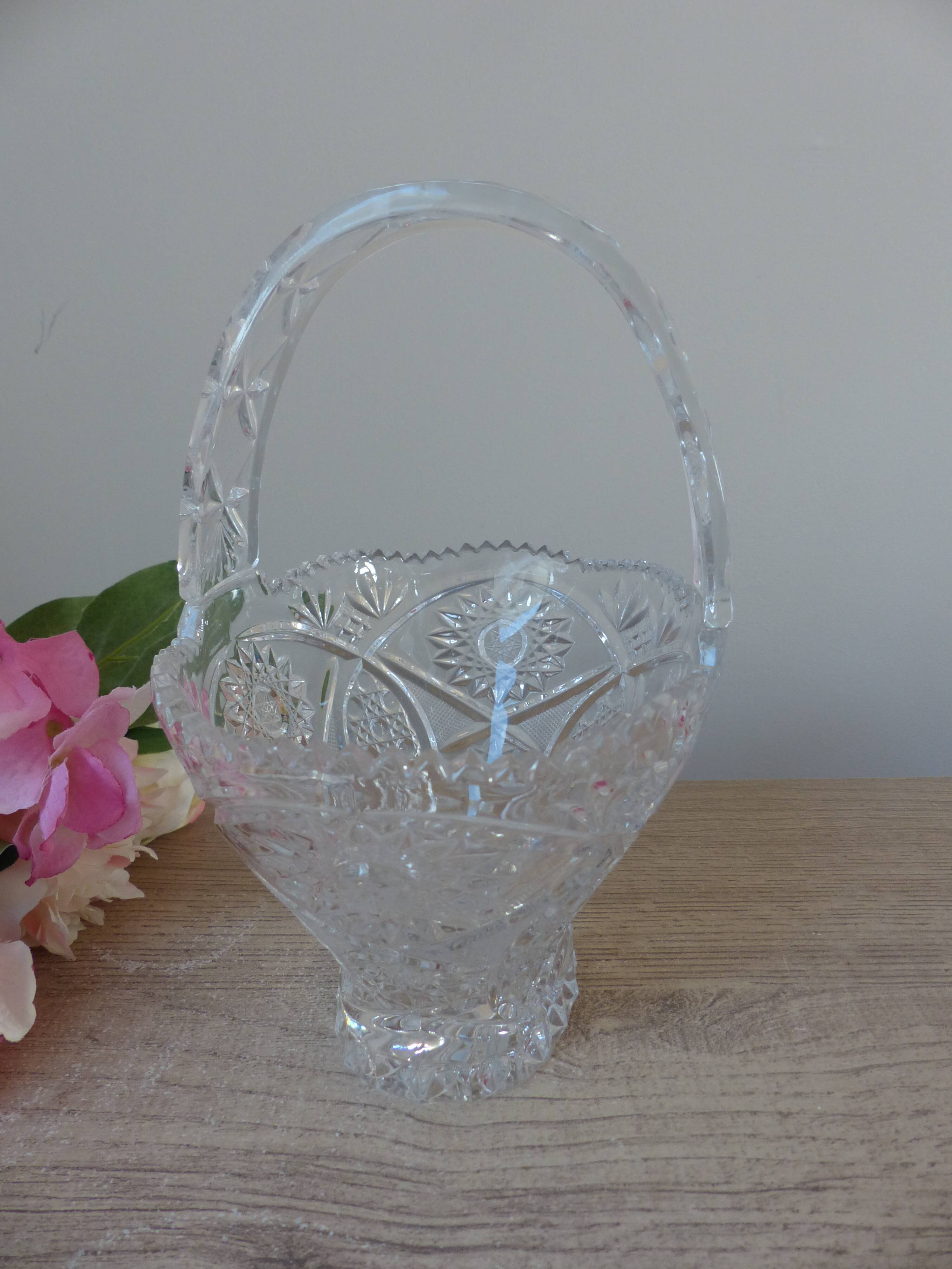 Vintage 1970s crystal basket – oval bowl with handle