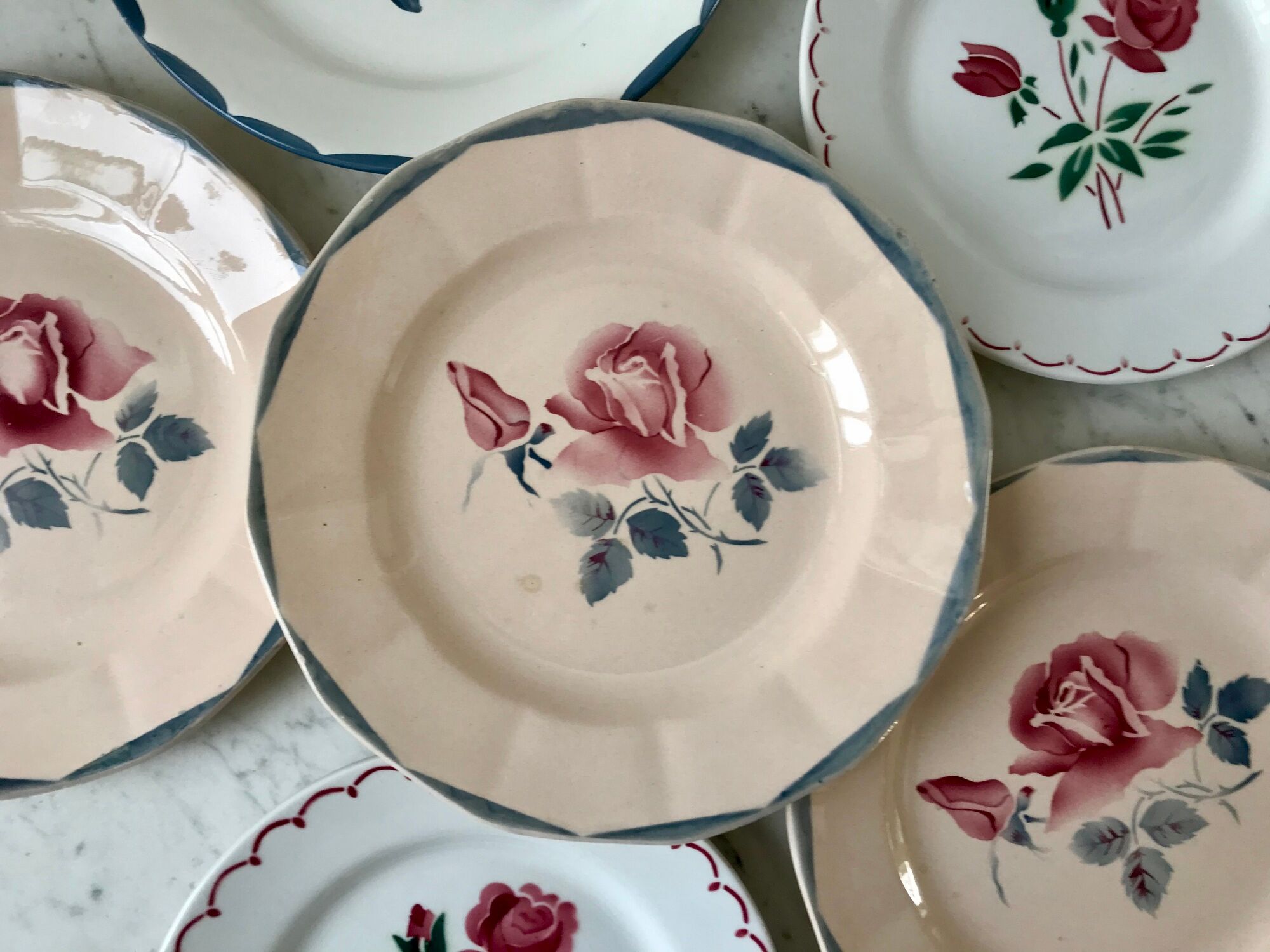 Set of 6 mismatched dessert plates Digoin, Badonviller Salins (Jacqueline) 30s-40s