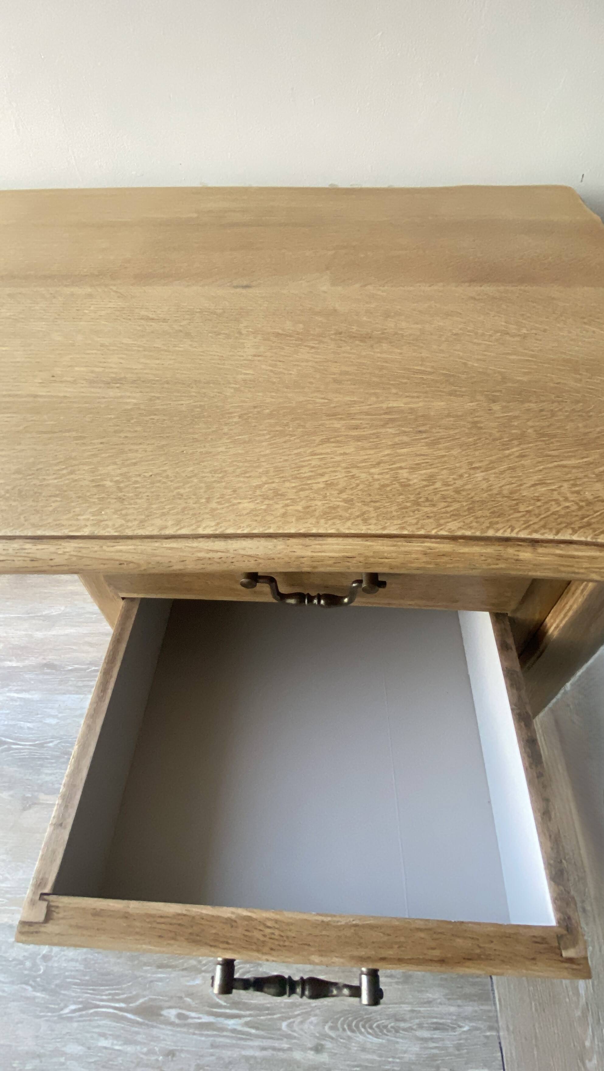 Antique 2-drawer desk in raw wood and beige, renovated.