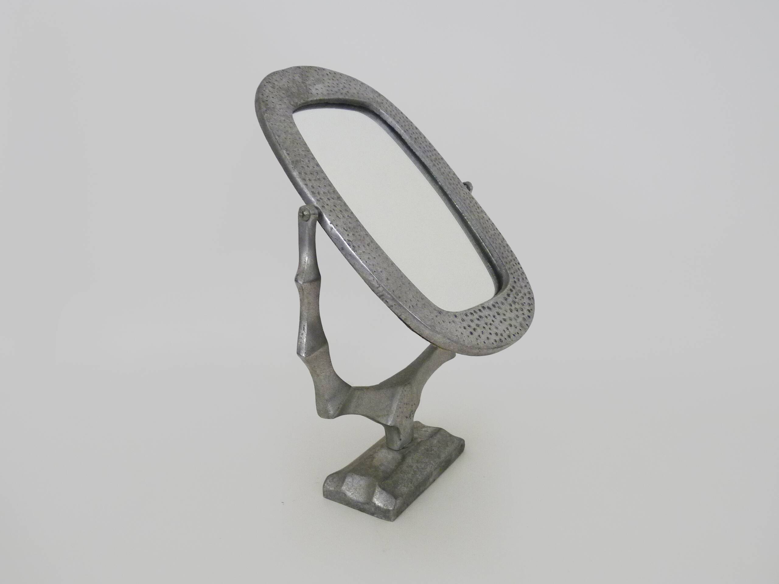 Old large Psyche Gothic table mirror in cast aluminum, Brutalist Mexican style. 70