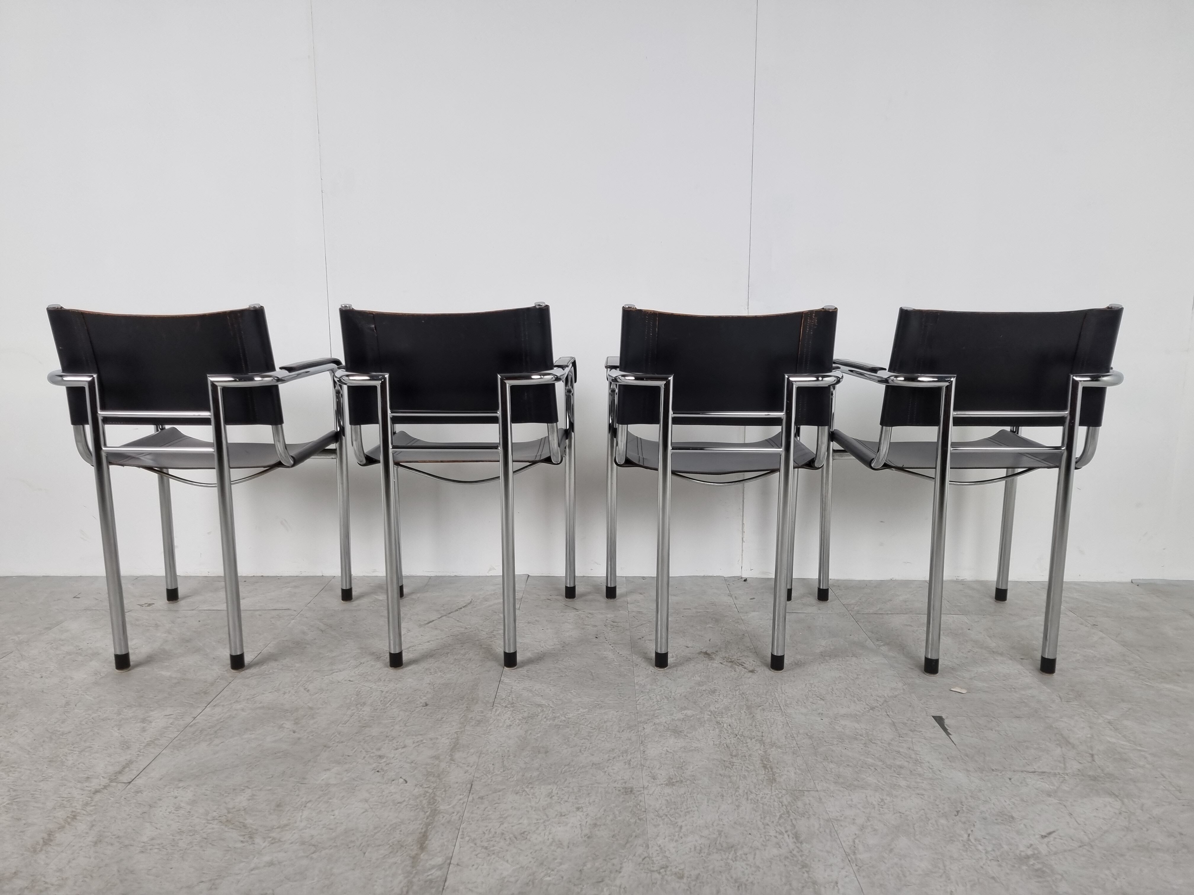 Vintage chrome and leather dining chairs set of 4 - 1980s