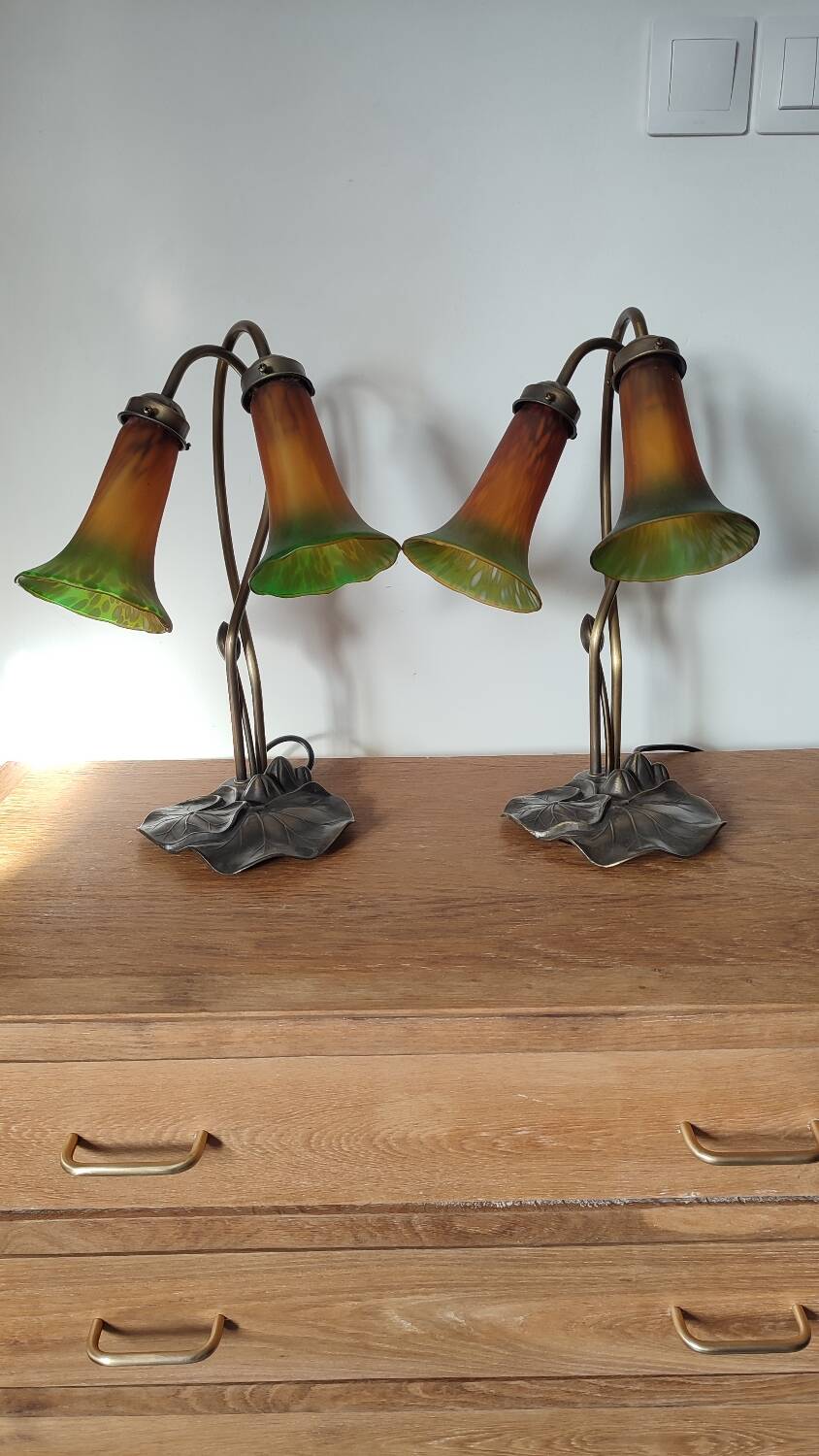 Deux lampes nénuphar en laiton et verre