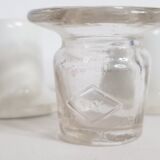 Three white porcelain and glass inkwells for school desk