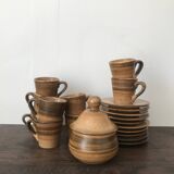Service à café en grès Longchamps, circa 1960 - sucrier et 9 tasses avec soucoupes