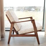 Vintage Danish boucle armchair with orange polka dots from the 1960s.