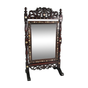 Ancien psyché de table miroir barbier style extrême orient bois noirci et nacre