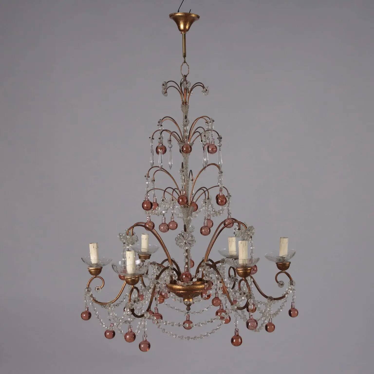 Lustre ancien 6 lumières en métal et verre, Italie, XXe siècle
