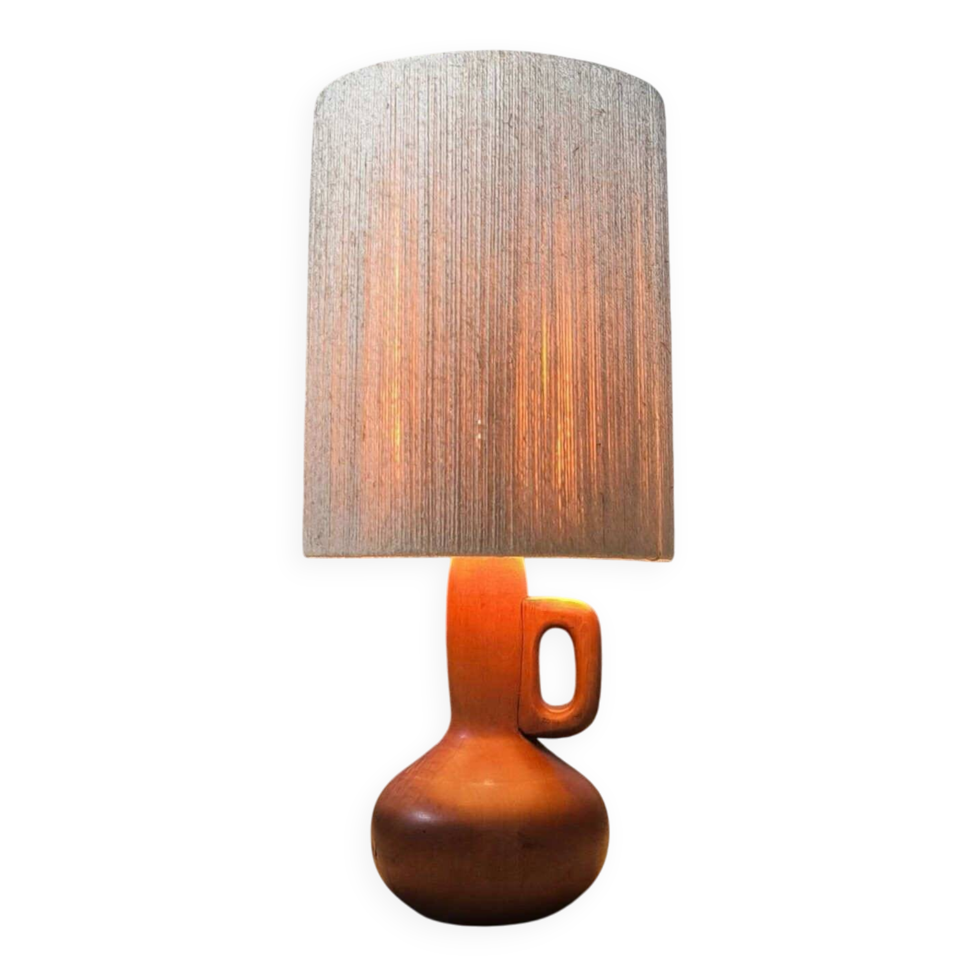 Vintage wooden table lamp with a wool shade.
