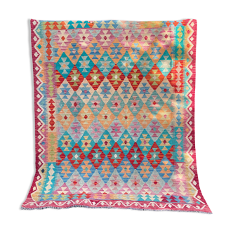 Afghan kilim rug colored red pink blue yellow diamond handmade wool