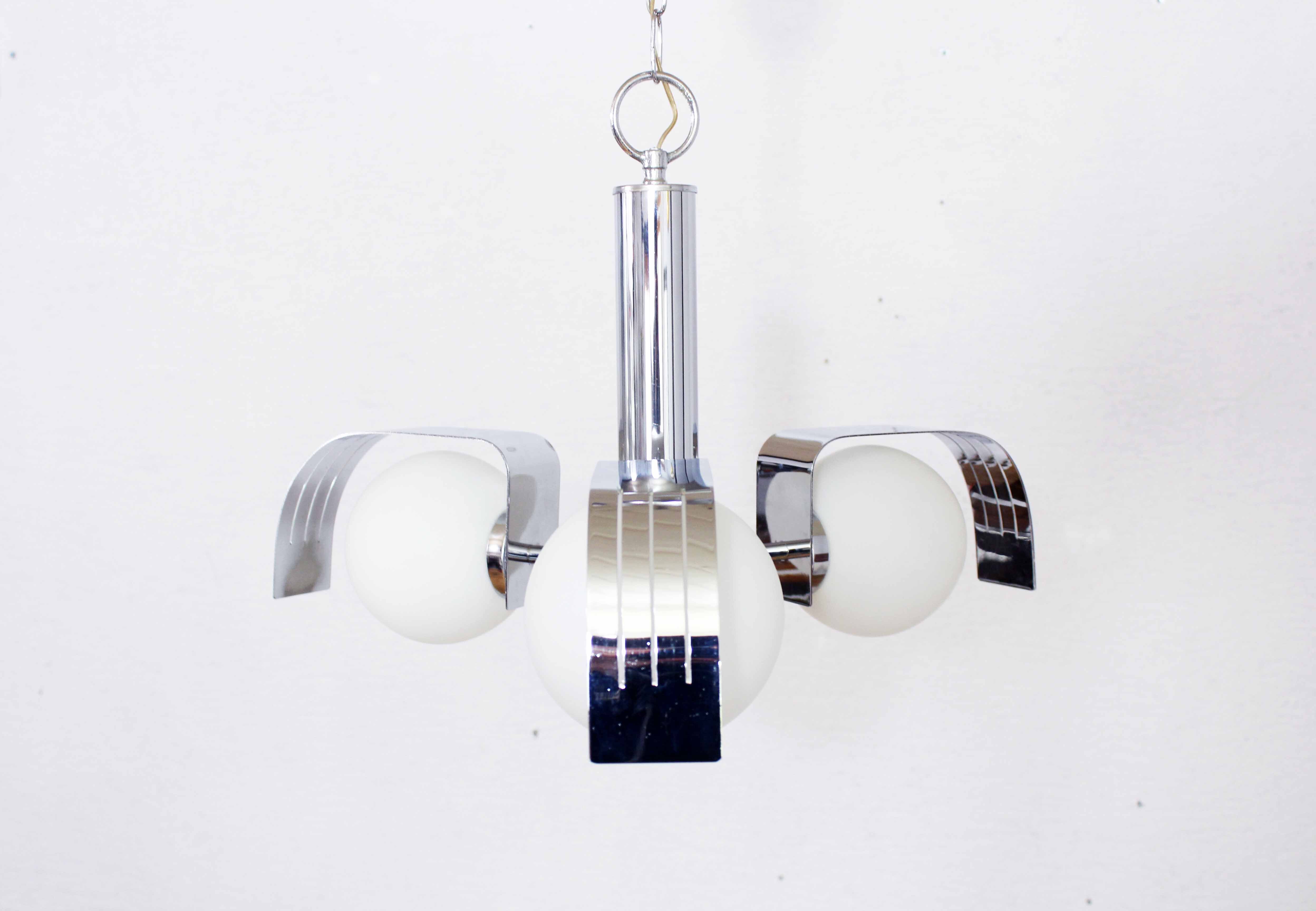 3-opaline sputnik and chrome metal hanging lamp 1970