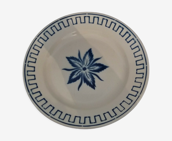 Plat de service rond en faïence Badonviller France décor floral bleu