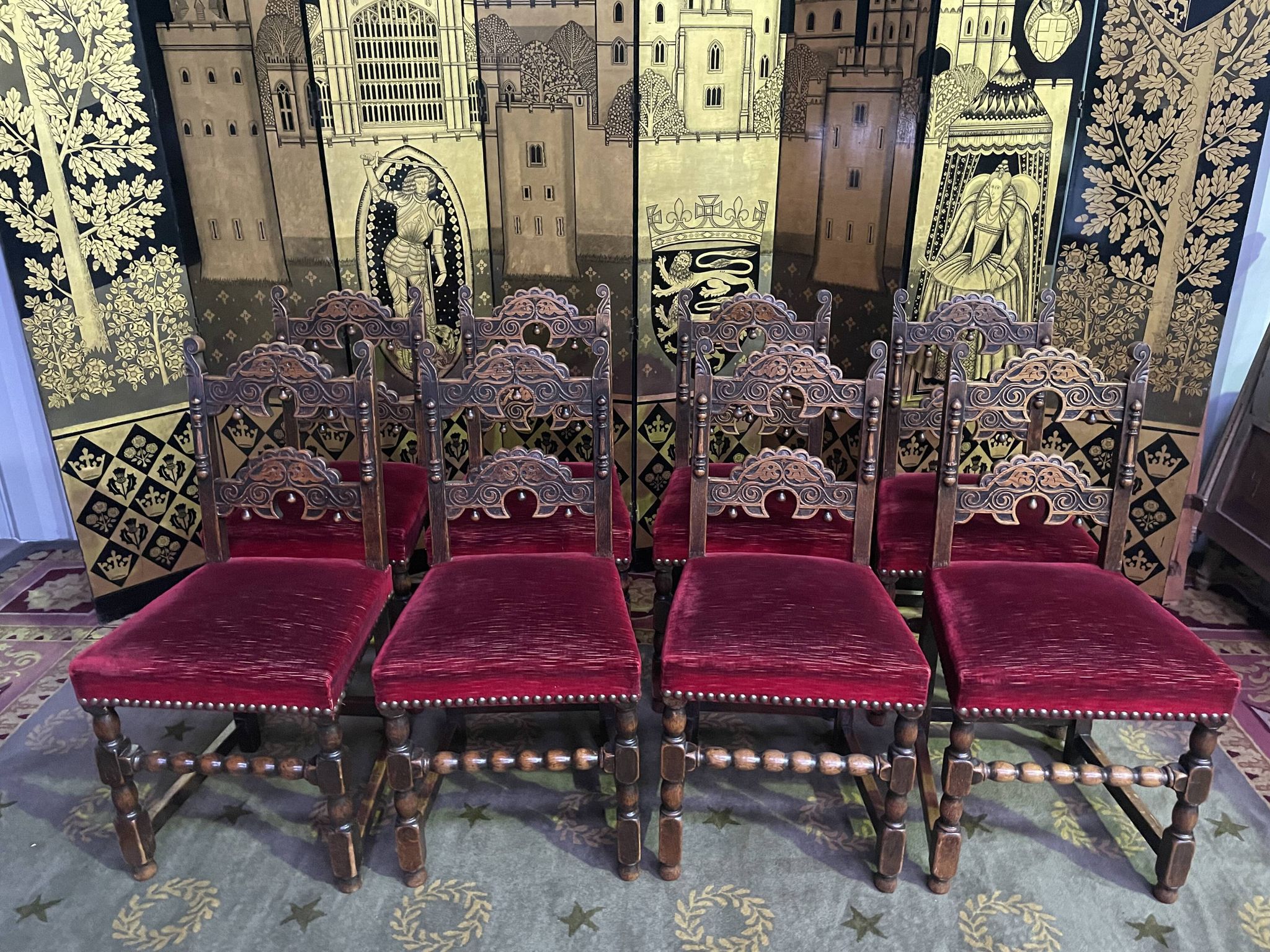 Suite of 8 Louis XIII style chairs oak and red velvet